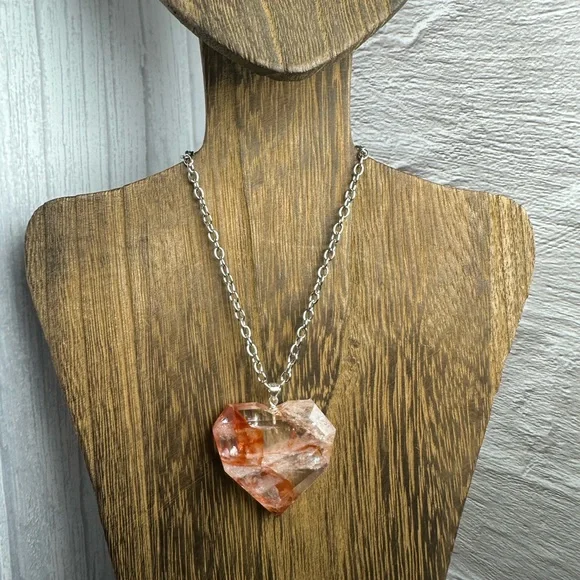 Fire Quartz Heart Necklace Pendant on Chain - Picture 2 of 11